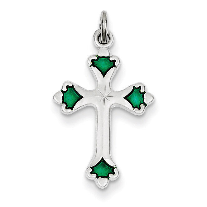 Green Enameled Budded Cross Charm Sterling Silver QC3342, MPN: QC3342, 886774107578