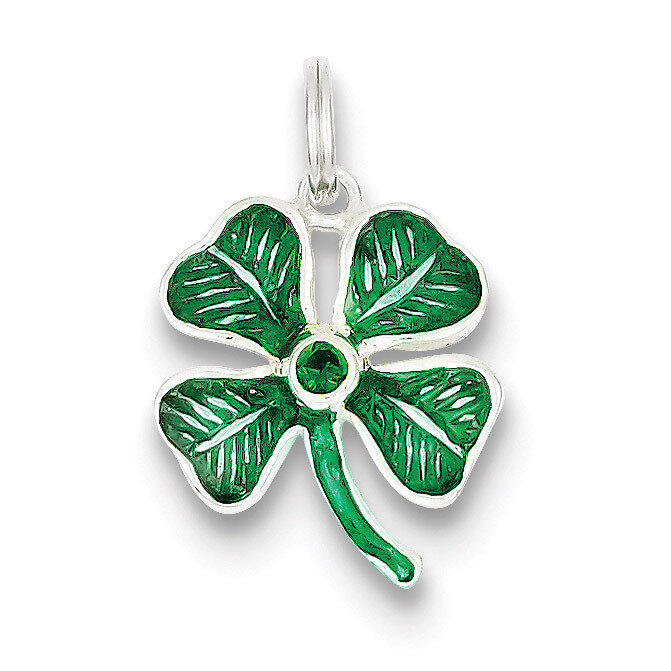 Enameled 4-Leaf Clover with Green Glass Stone Charm Sterling Silver QC6998