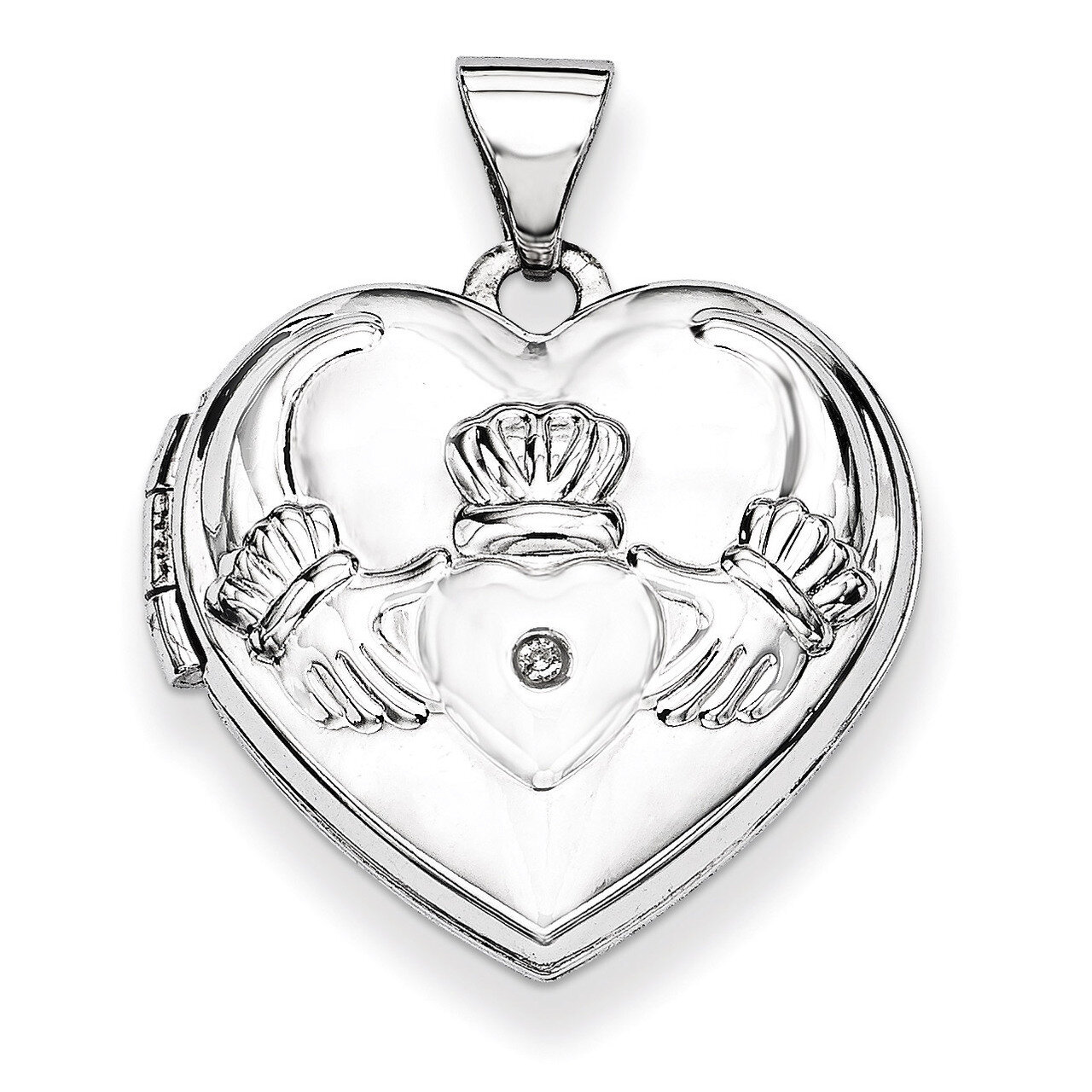 Polished Diamond Heart-Shaped Claddagh Locket 14k White Gold XL307