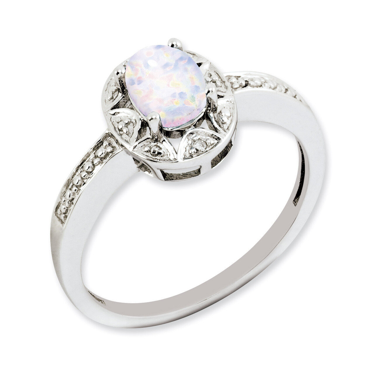October Created Opal Ring Sterling Silver Diamond QBR10OCT