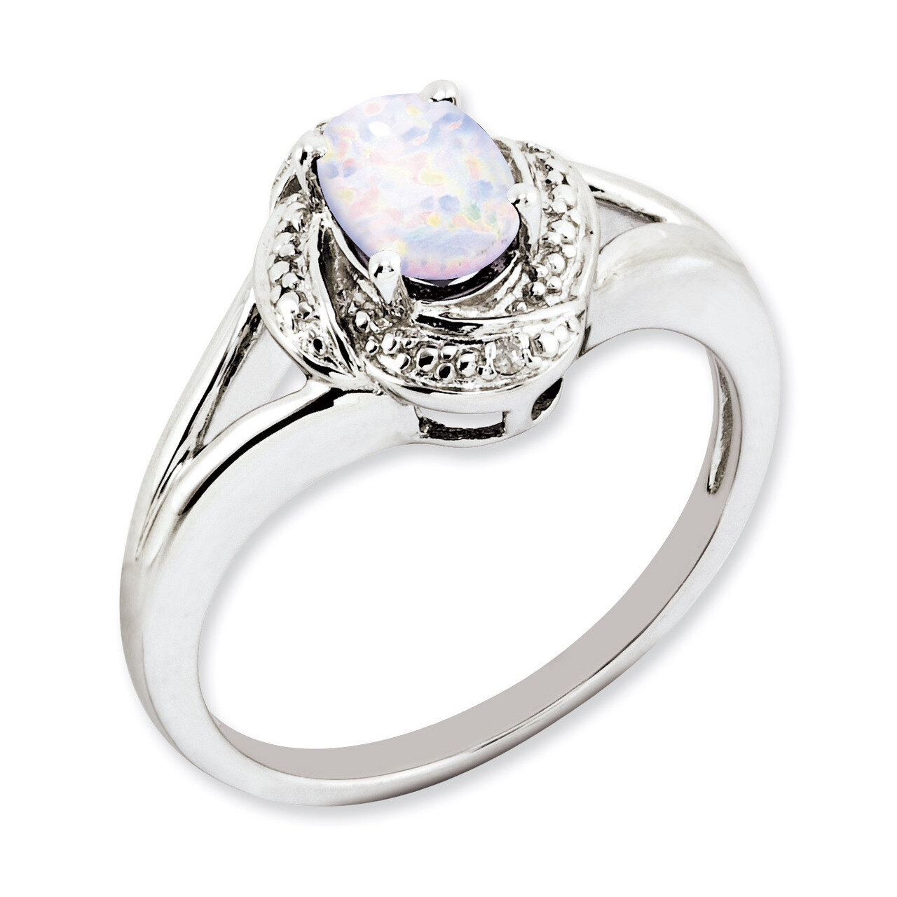 October Created Opal Ring Sterling Silver Diamond QBR12OCT