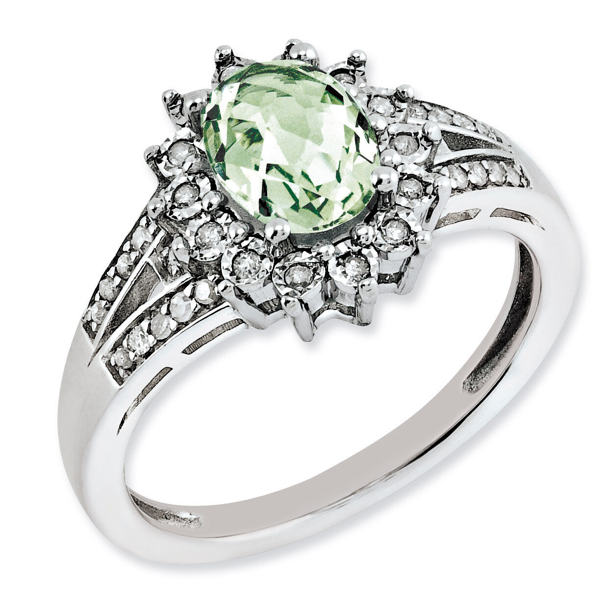 Oval Green Quartz Ring Sterling Silver Diamond QR3046AG