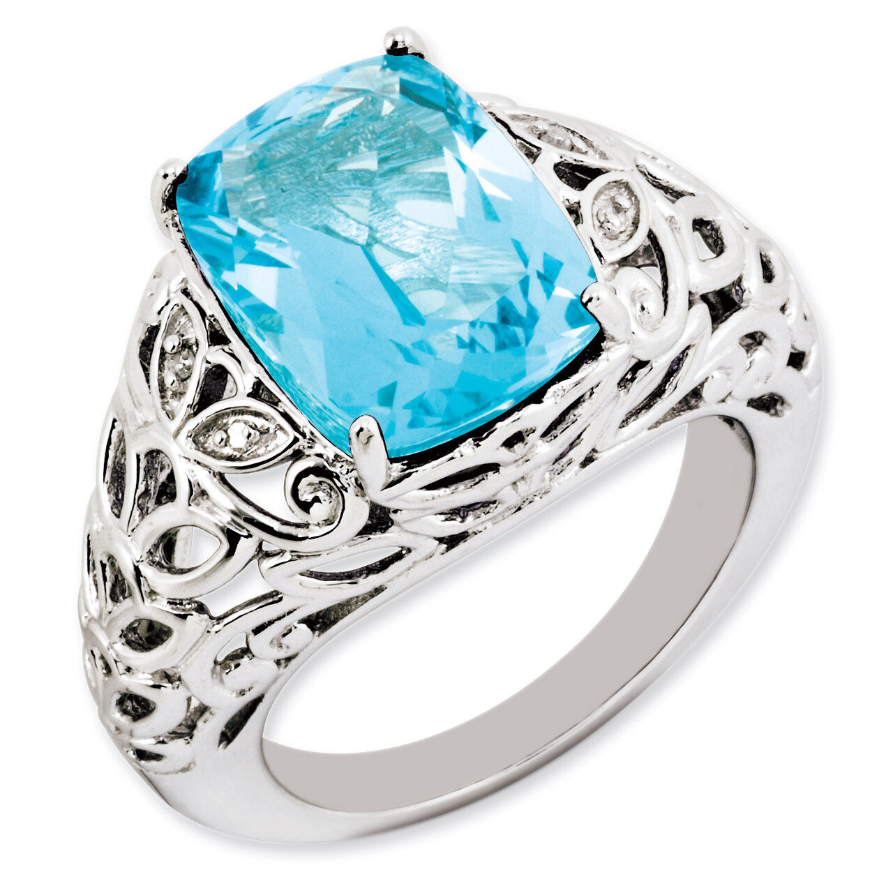Swiss Blue Topaz & Diamond Ring Sterling Silver QR3277BT