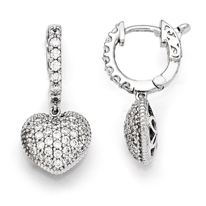 Hinged Hoop Dangle Heart Earrings Sterling Silver Rhodium Plated Cubic Zirconia QE11291