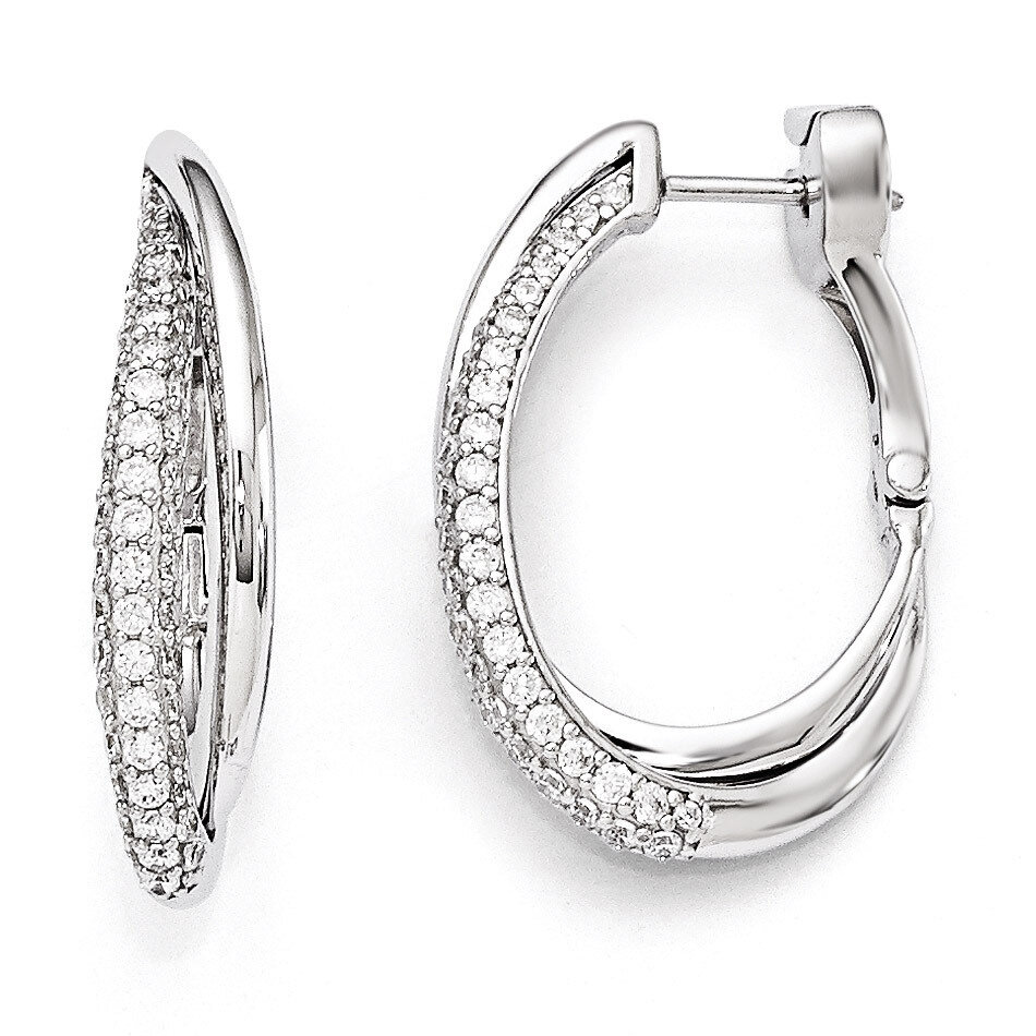 Hinged Oval Double Hoop Dangle Earrings Sterling Silver Rhodium Plated Polished Cubic Zirconia QE11298