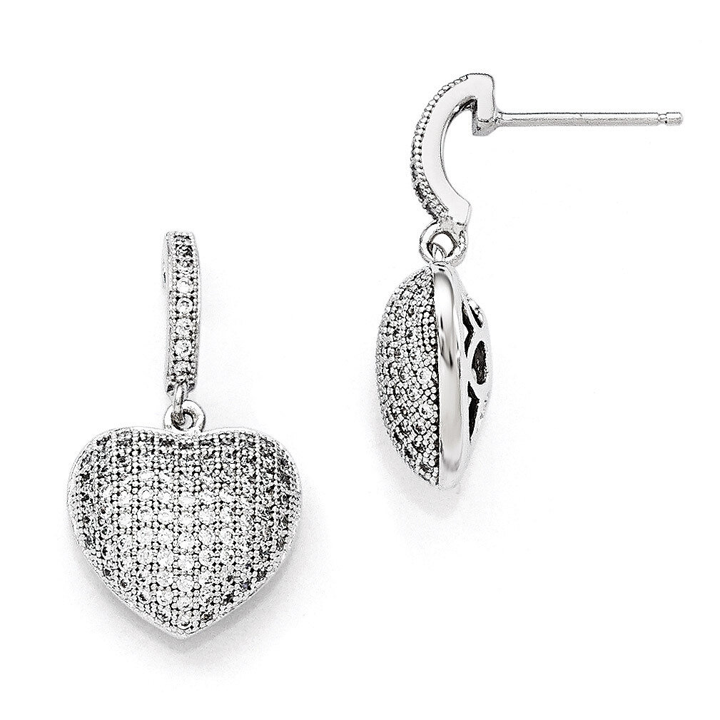 Heart Dangle Post Earrings Sterling Silver & Cubic Zirconia Polished QMP100