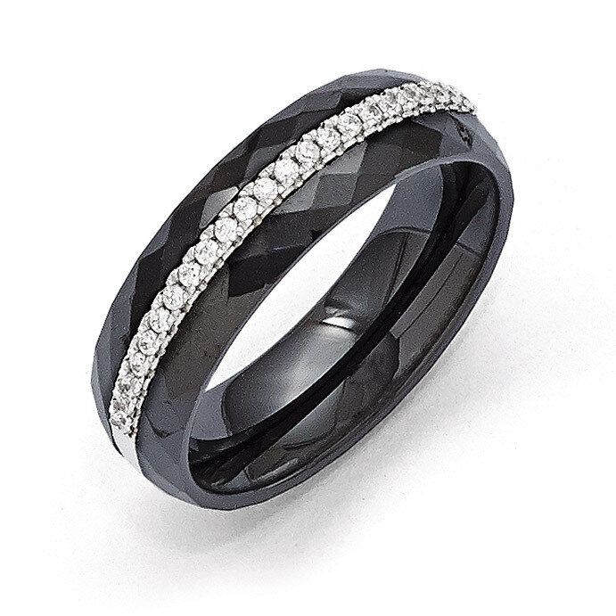 Ceramic Band Black Ring Sterling Silver & Cubic Zirconia QMP1004