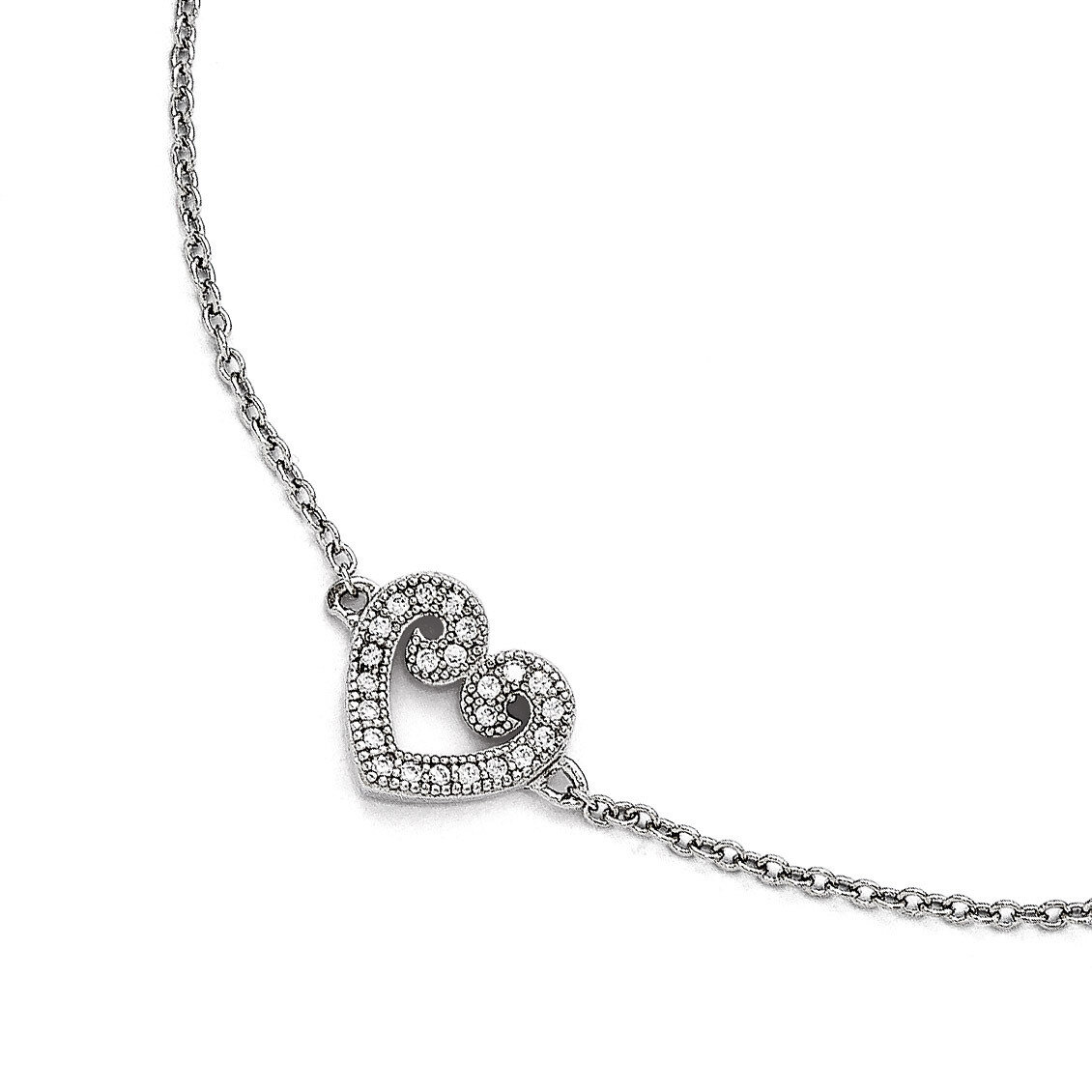 Heart Anklet with 1 Inch Extender Sterling Silver & Cubic Zirconia Polished QMP1085-9
