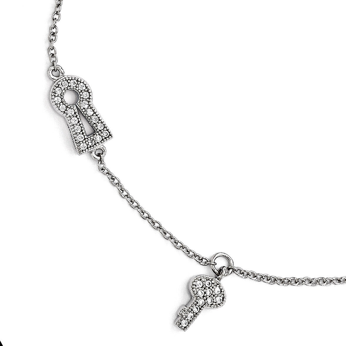 Lock Key Anklet with 1 Inch Extender Sterling Silver & Cubic Zirconia QMP1122-9