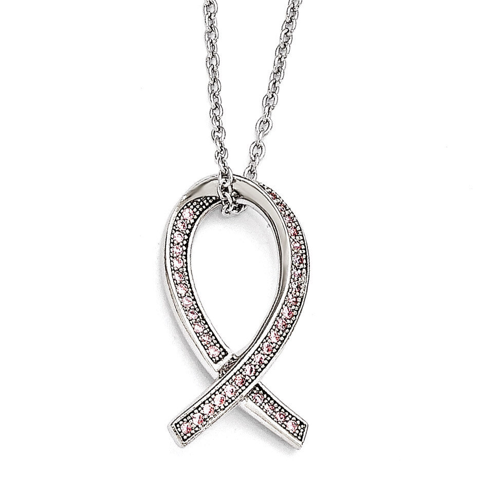 Awareness Ribbon Necklace Sterling Silver & Cubic Zirconia Polished QMP1124-18