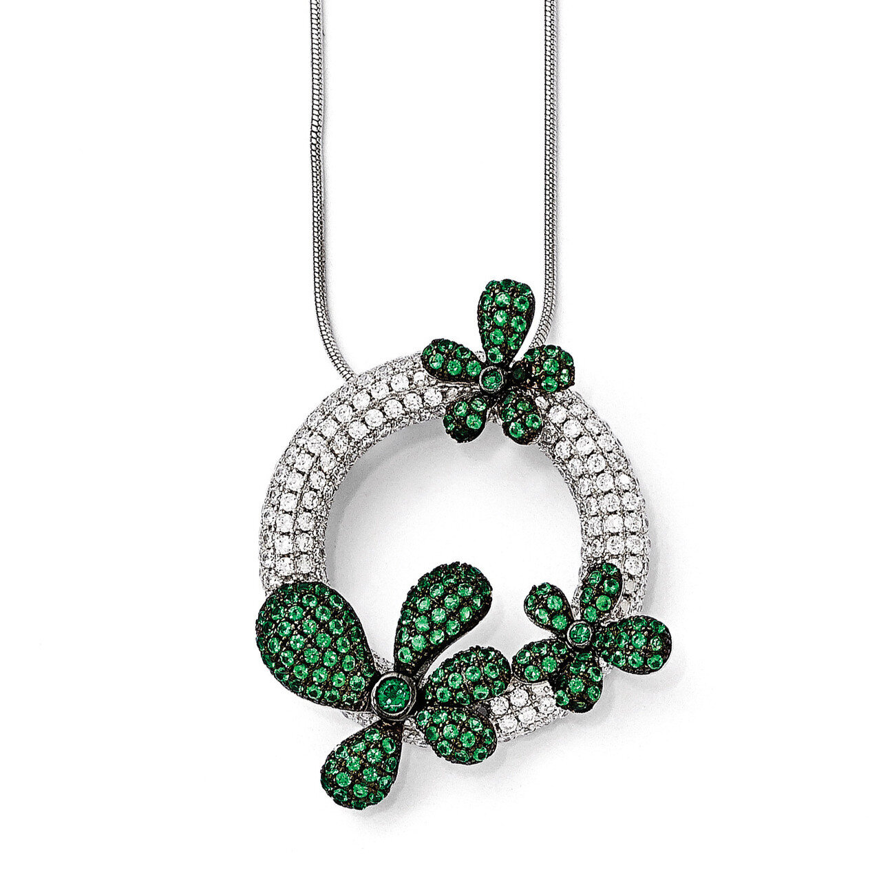 Circle w/Flowers Necklace Sterling Silver &amp; Cubic Zirconia QMP1176-18, MPN: QMP1176-18, 191101195600