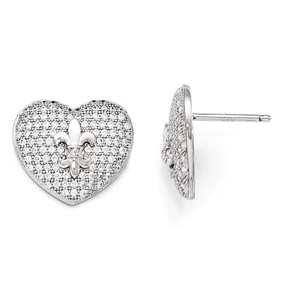 Heart Fleur De Lis Post Earrings Sterling Silver &amp; Cubic Zirconia QMP1297
