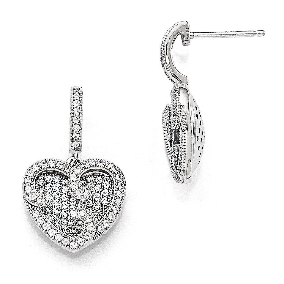 Heart Dangle Post Earrings Sterling Silver & Cubic Zirconia Polished QMP131