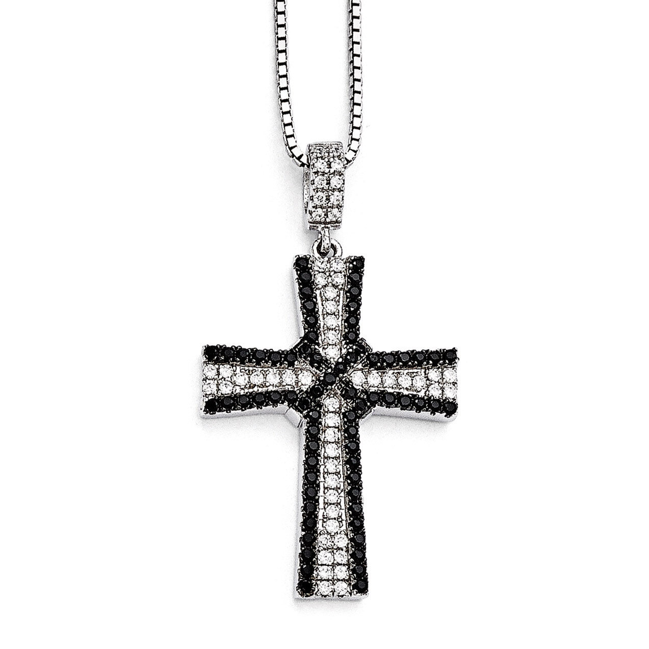 Black & White Cubic Zirconia Polished Cross Necklace Sterling Silver QMP1315-18