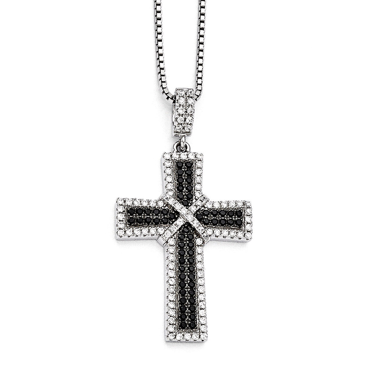 Black & White Cubic Zirconia Polished Cross Necklace Sterling Silver QMP1316-18