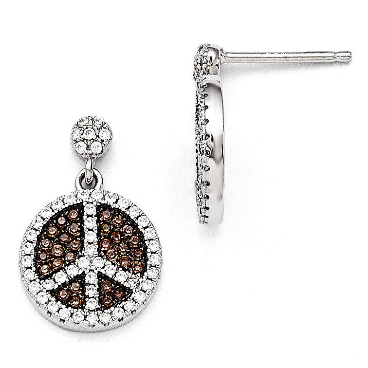 Peace Sign Dangle Post Earrings Sterling Silver &amp; Cubic Zirconia QMP719, MPN: QMP719, 883957053943