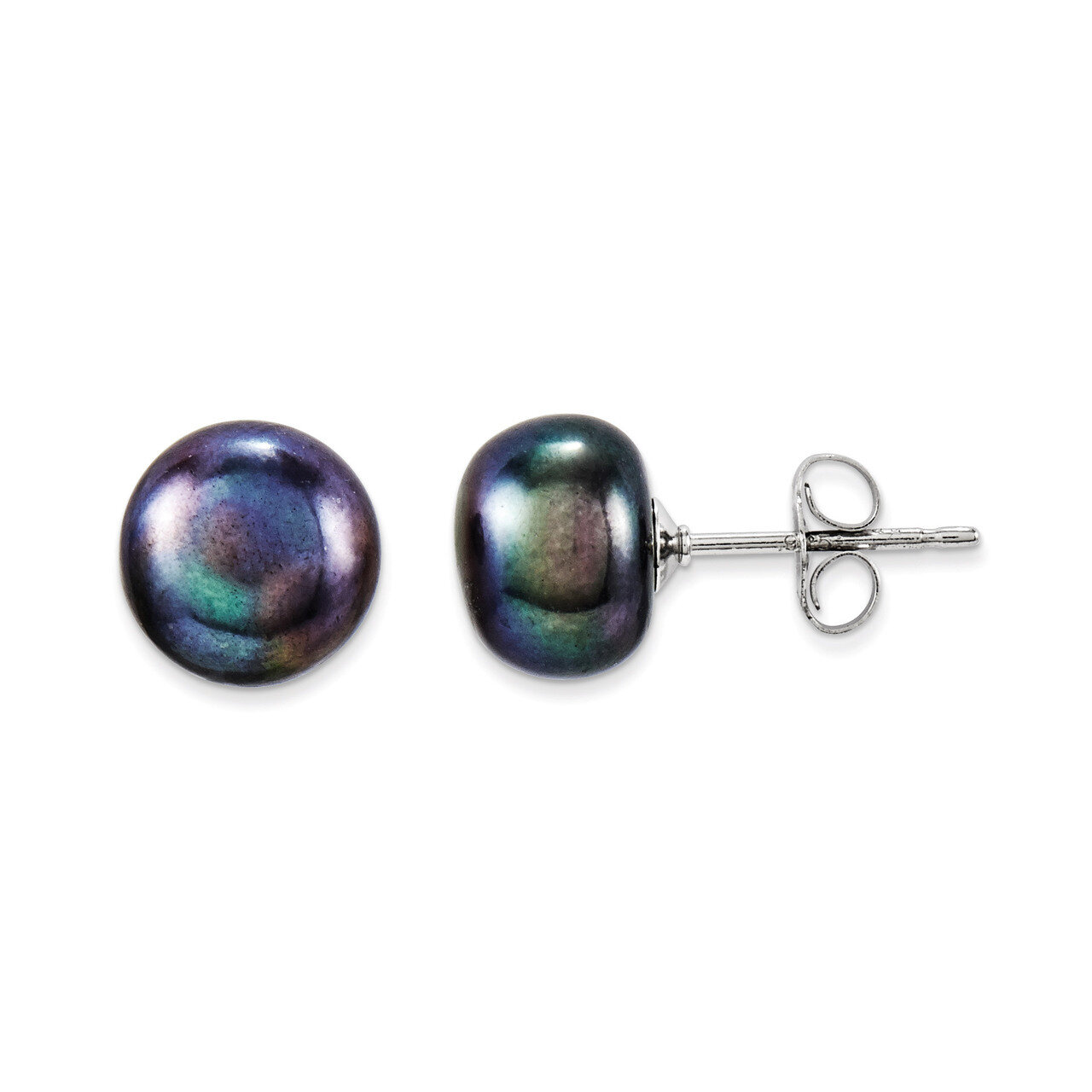 8-9mm Black Cultured Button Pearl Stud Earrings Sterling Silver QE7699