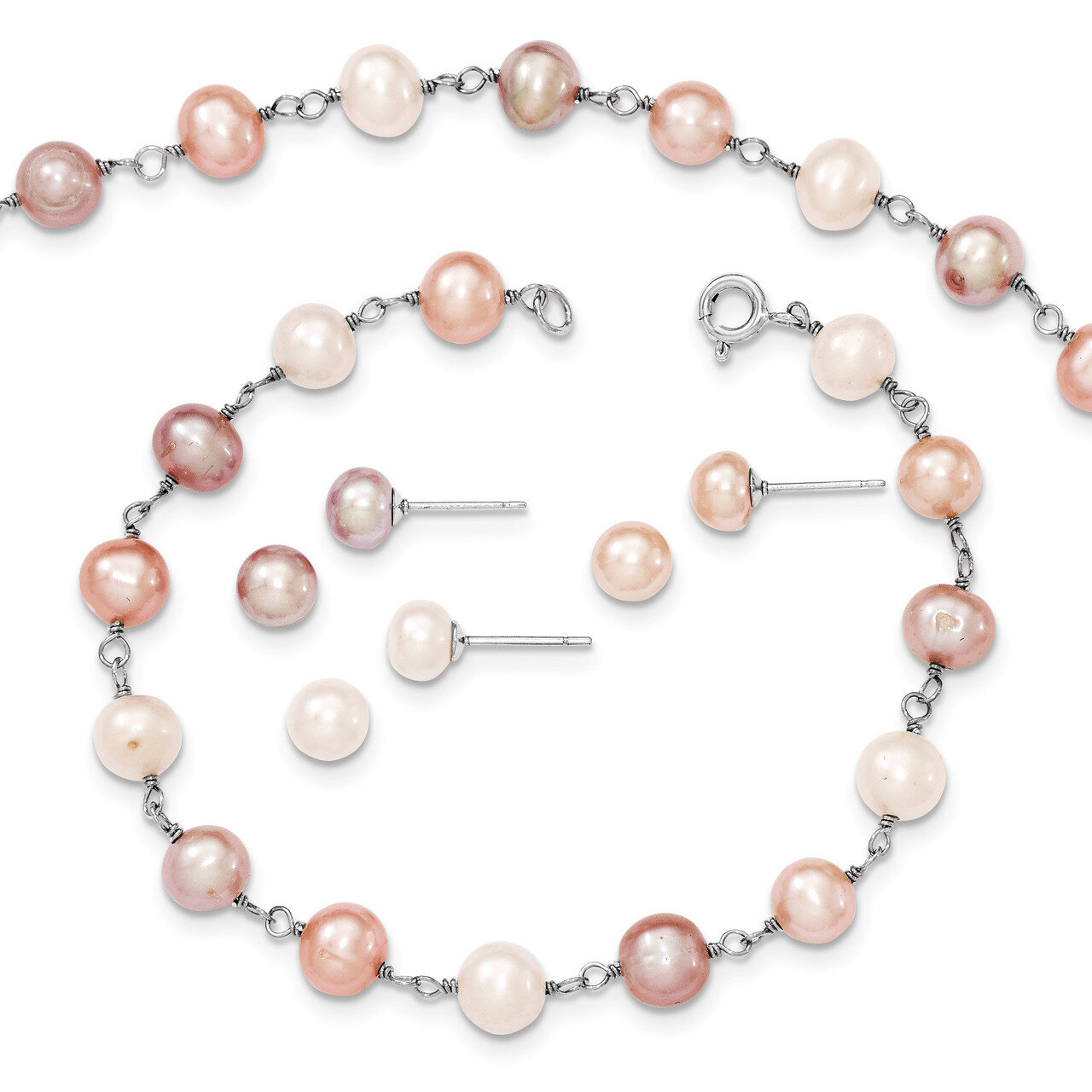White Pink, Mauve Cultured Pearl Neck Bracelet &amp; Earrings Set Sterling Silver QH4754SET, MPN: QH475…