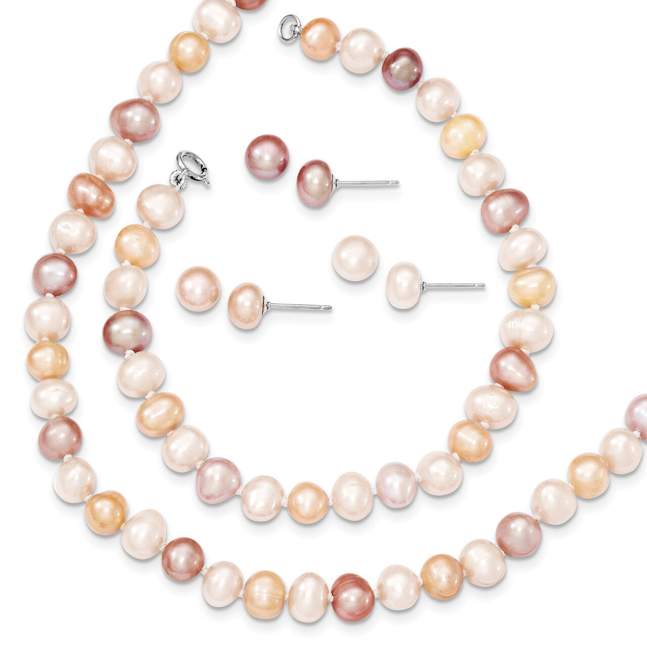 White Pink, Mauve Cultured Pearl Neck Bracelet &amp; Earrings Set Sterling Silver QH4755SET, MPN: QH475…