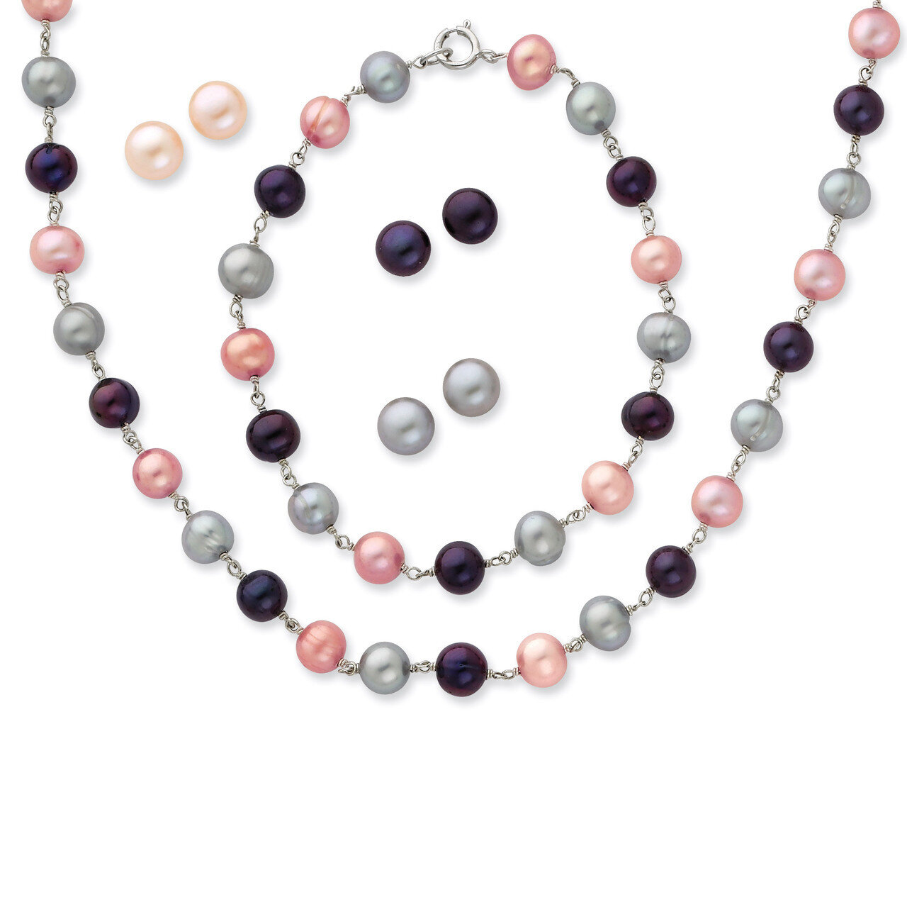 Cultured Pearl 18 Inch Necklace 7.25 Inch Bracelet &amp; 3pc Earring Set Sterling Silver QH4837SET, MPN…