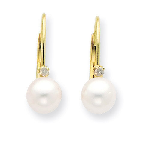 5-6mm Round Cultured Pearl and Diamond Leverback Earrings 14k Gold XF248E