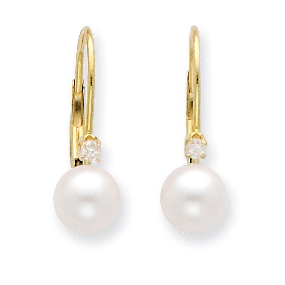 6-7mm Round Cultured Pearl and Diamond Leverback Earrings 14k Gold XF264E