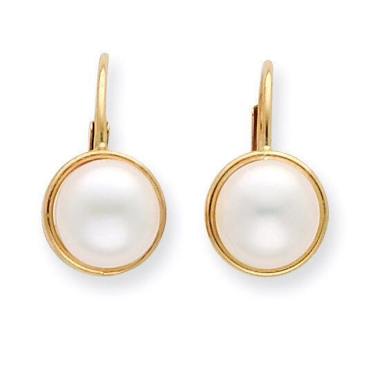 6-7mm White Cultured Button Pearl Leverback Earrings 14k Gold XF265E