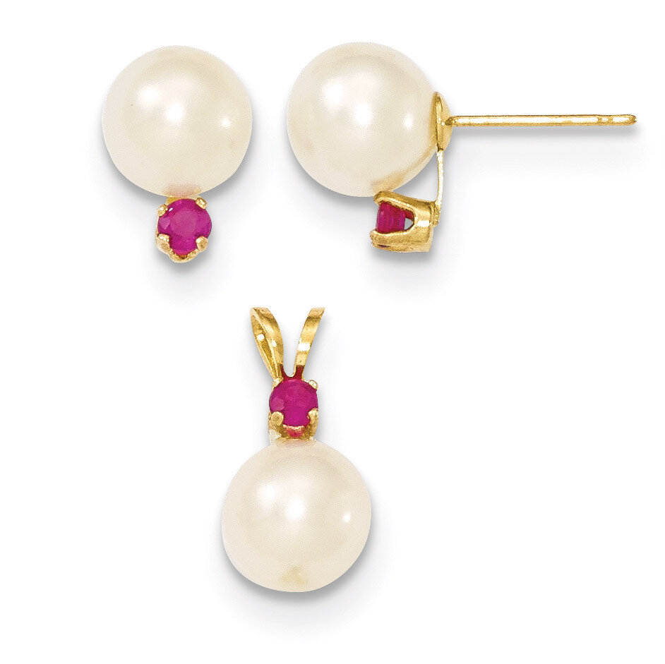 7-8mm White Cultured Pearl & Ruby Stud Earrings & Pendant 14k Gold XF305SET