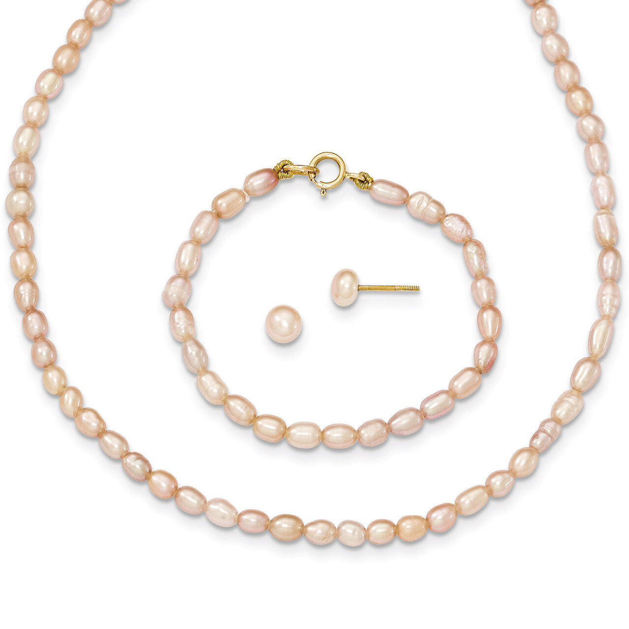Pink Cultured Pearl 12 Necklace, 5 Bracelet & Earring Set 14k Gold XF400SET