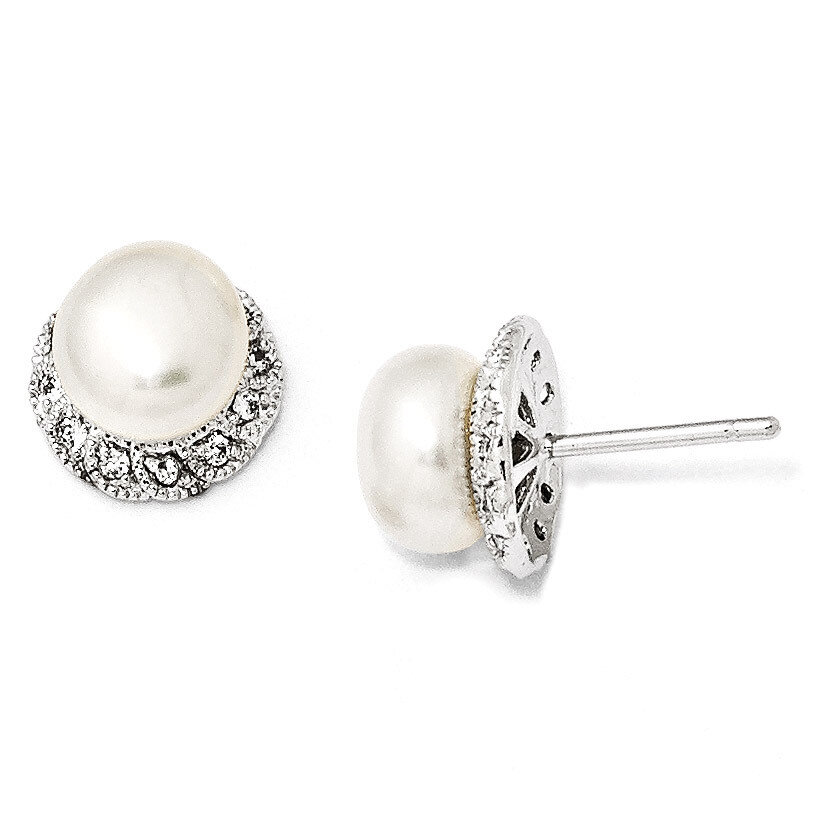 White Fresh Water Cultured Pearl Stud Earrings Sterling Silver Synthetic Diamond QCM288, MPN: QCM28…