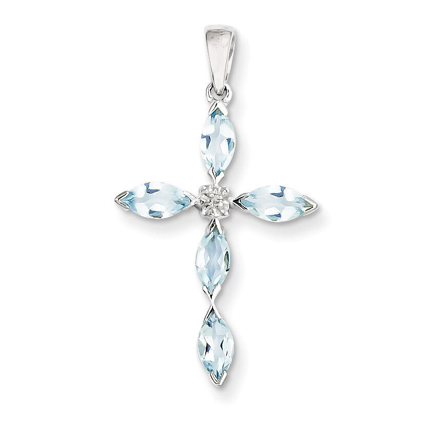 Aqua & Diamond Cross Pendant Sterling Silver Rhodium-plated QDX884