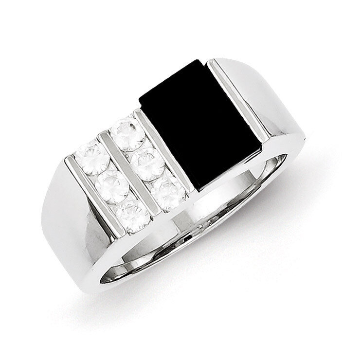 Men&#39;s Synthetic Diamond and Onyx Ring Sterling Silver QR1276-10