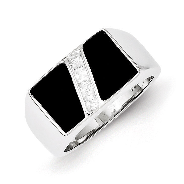 Men&#39;s Synthetic Diamond and Onyx Ring Sterling Silver QR1278-10, MPN: QR1278-10, 883957179841