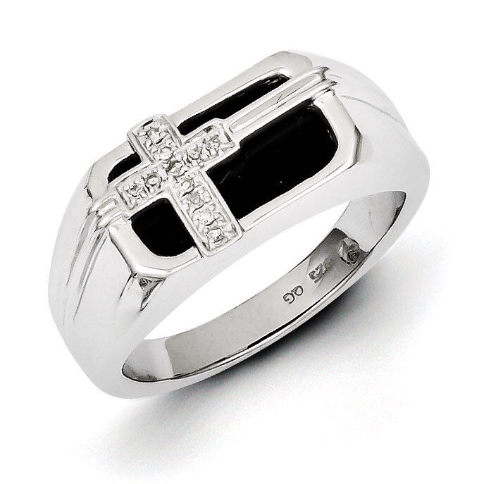 Diamond Black Onyx Cross Men's Ring Sterling Silver Rhodium-plated QR5552-10
