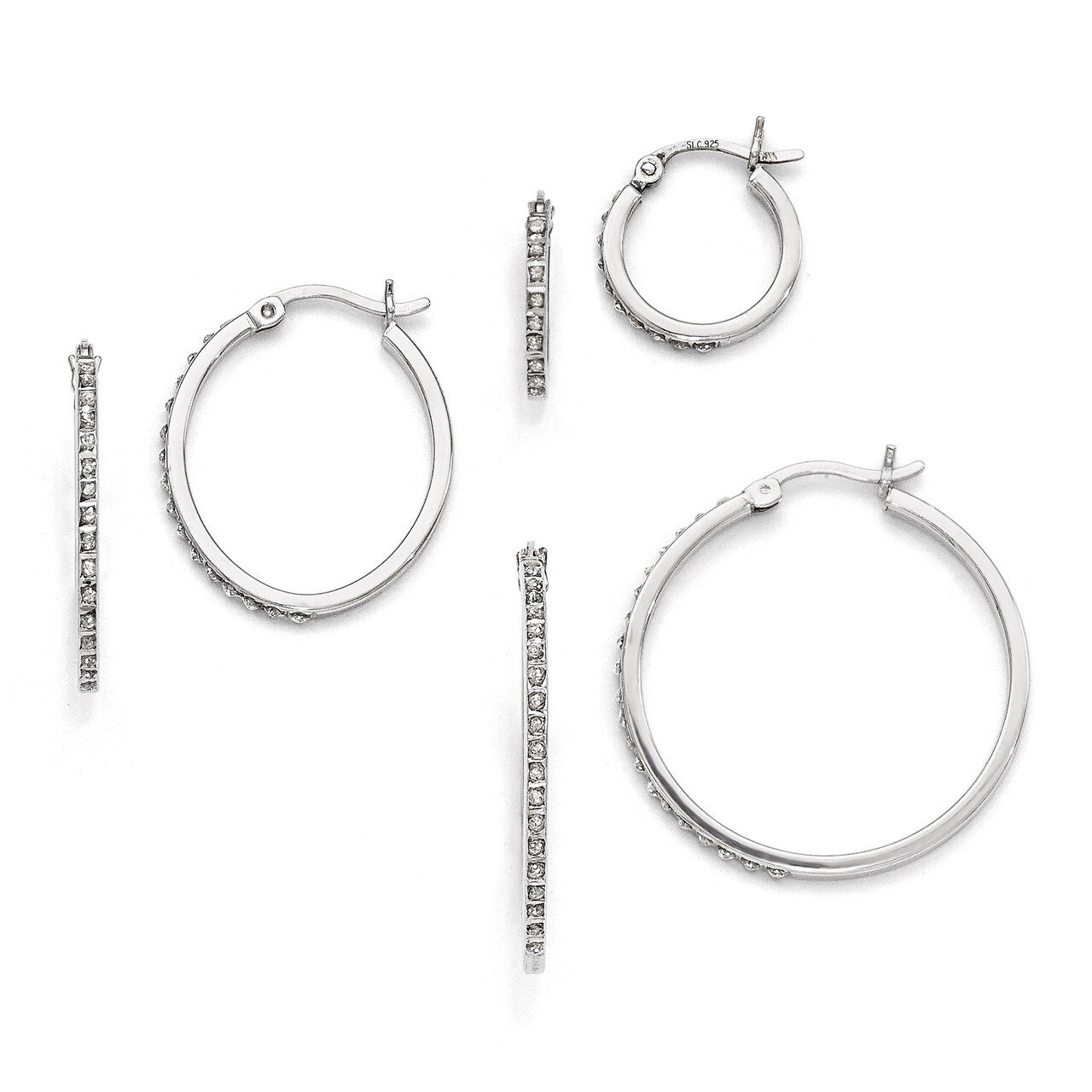 Mystique Oval &amp; Round Hoop Earrings Set Sterling Silver with Diamonds QDF103