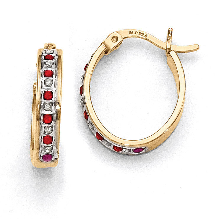 Ruby Oval Hoop Earrings Sterling Silver &amp; Gold-plated with Diamonds QDF134