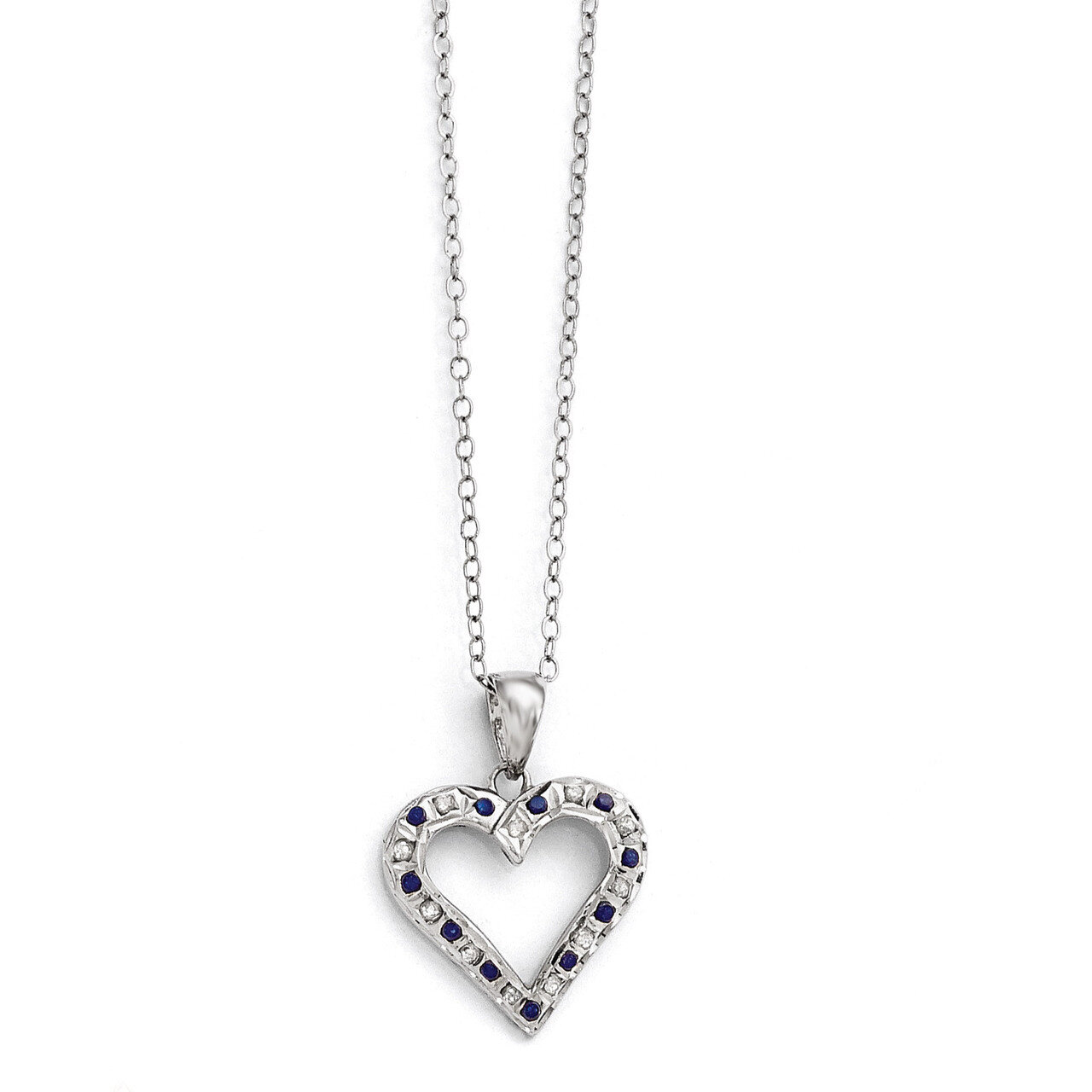 Diamond & Sapphire 18 Inch Heart Necklace Sterling Silver & Platinum-plated QDF137