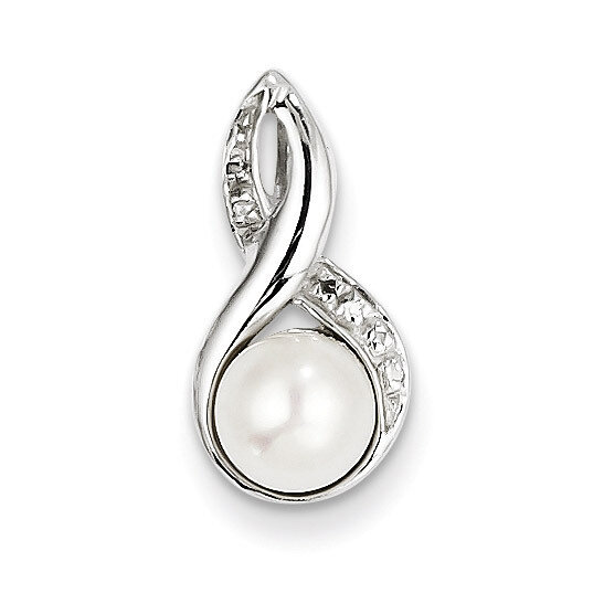 Sterling Silver Rhodium 6mm Cultured Pearl & Diamond Pendant Sterling Silver Rhodium-plated QDX305