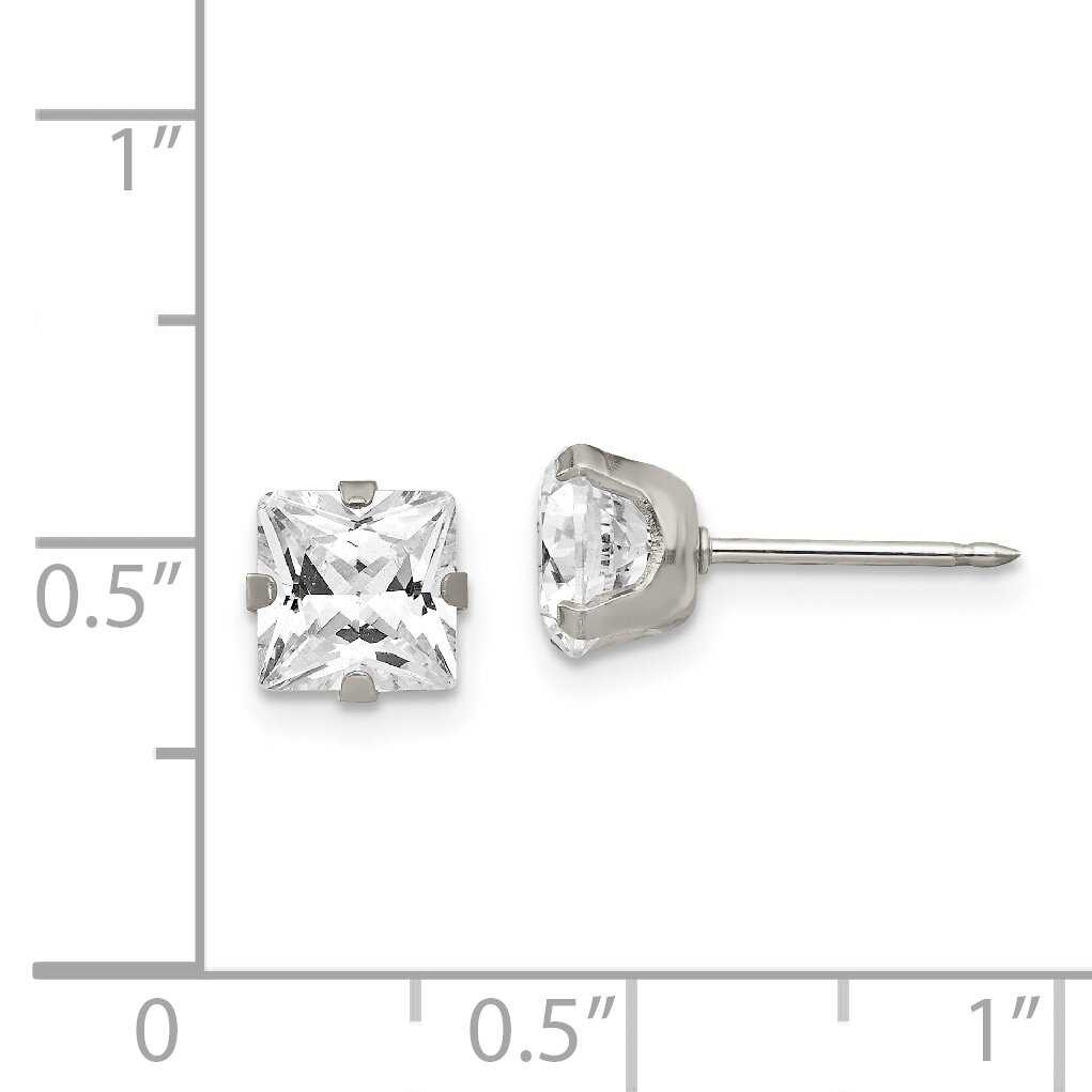 7mm Faceted Square Cubic Zirconia Earrings Stainless Steel Polished 355E