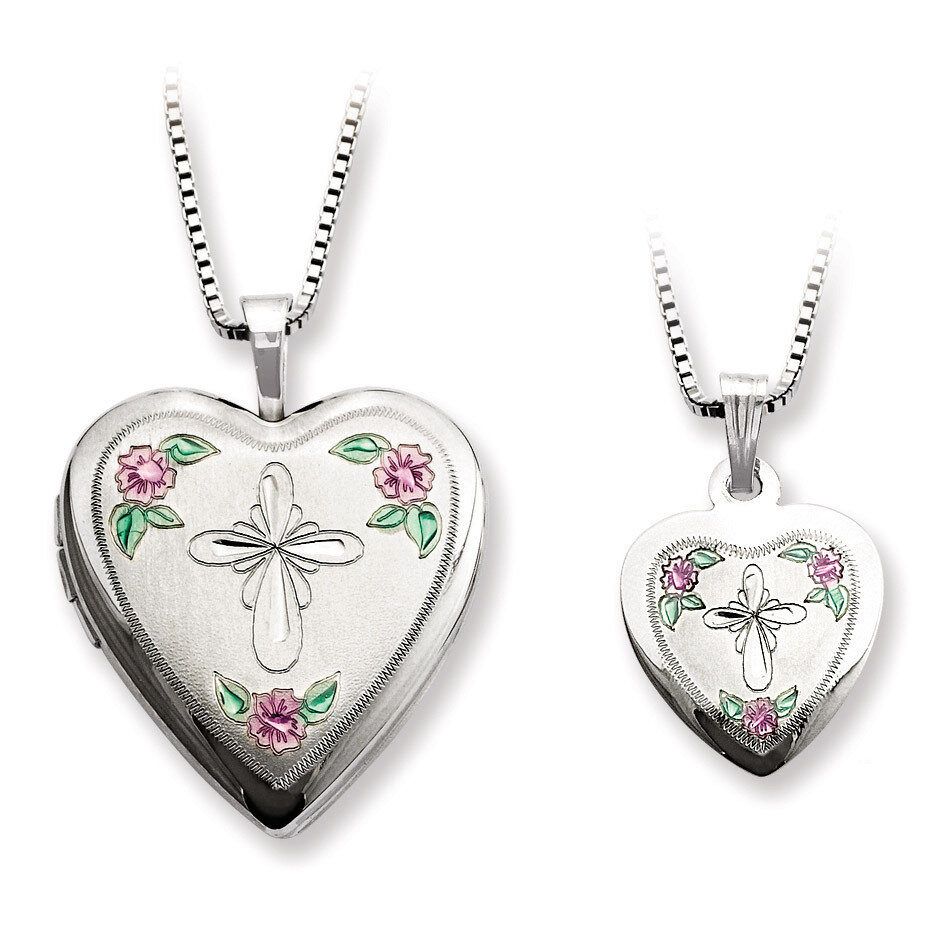 Cross &amp; Flowers Enamel Heart Locket &amp; Pendant Necklace Sterling Silver QLS438SET, MPN: QLS438SET, 8…