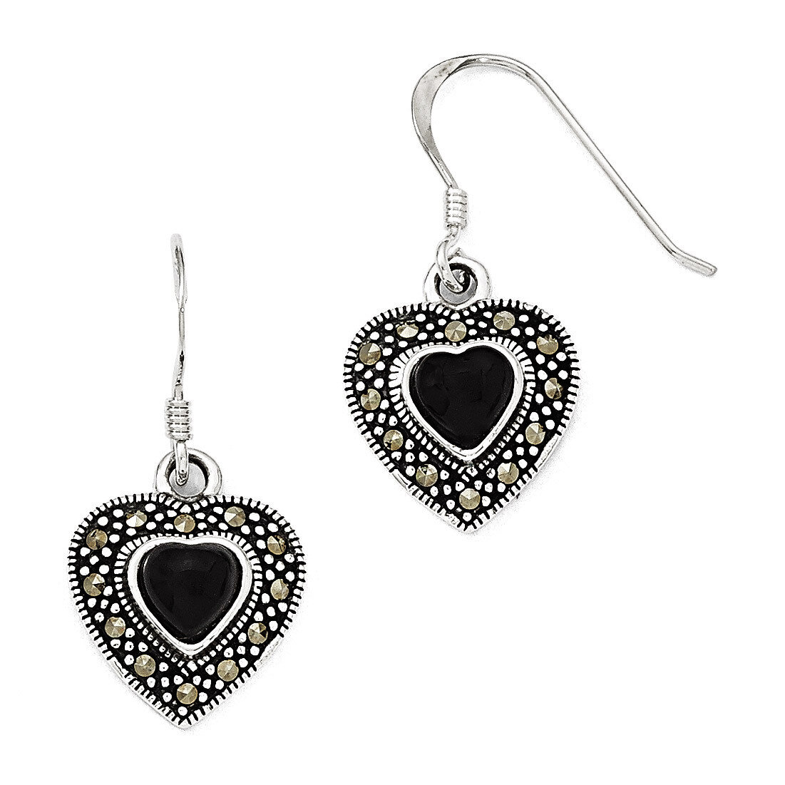 Onyx Heart Marcasite Earrings Sterling Silver QE1437