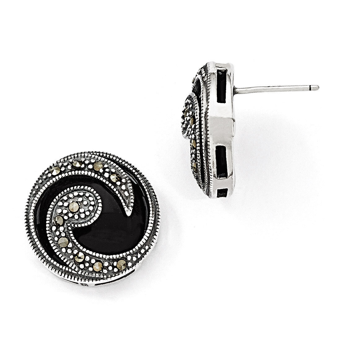 Onyx & Marcasite Post Earrings Sterling Silver QE5140
