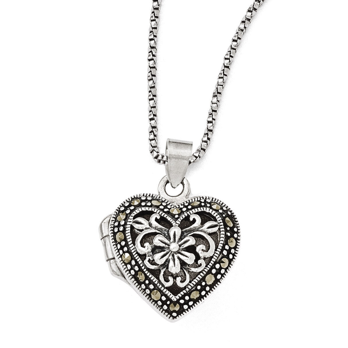 Marcasite Heart Locket withChain Necklace Sterling Silver QG1942-18