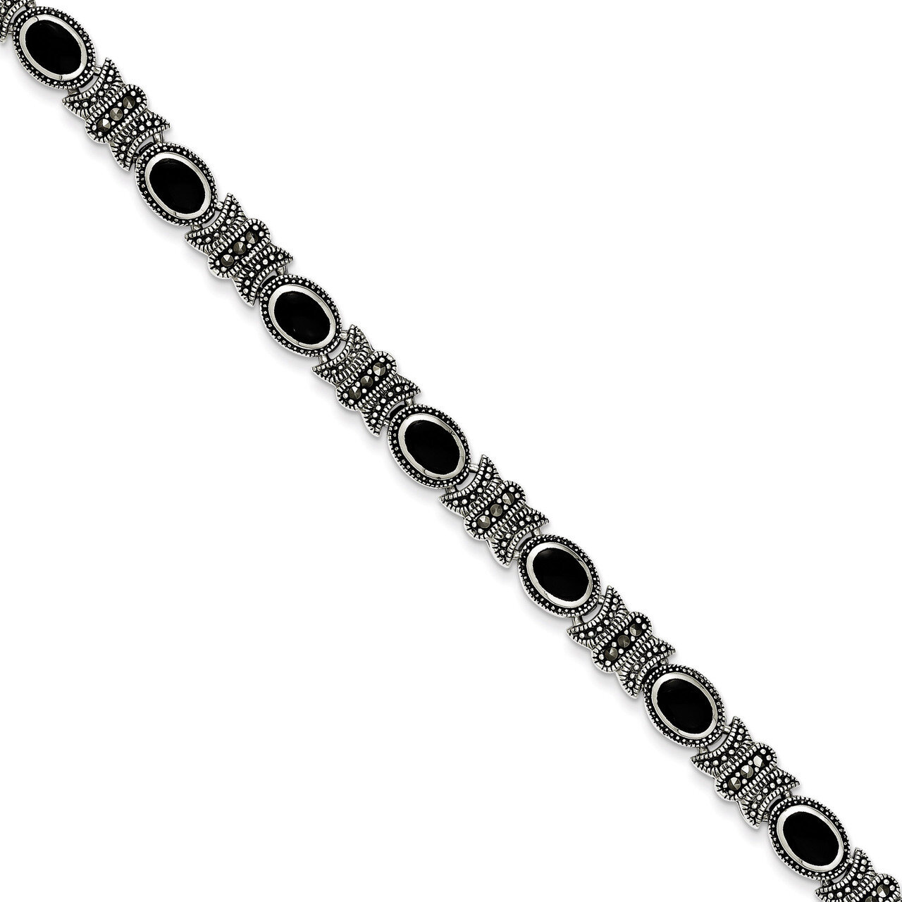 Marcasite and Onyx Bracelet Sterling Silver QH1043-7.25
