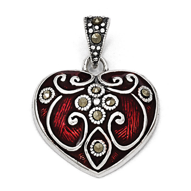 Red Enamel & Marcasite Heart Pendant Sterling Silver QP1292