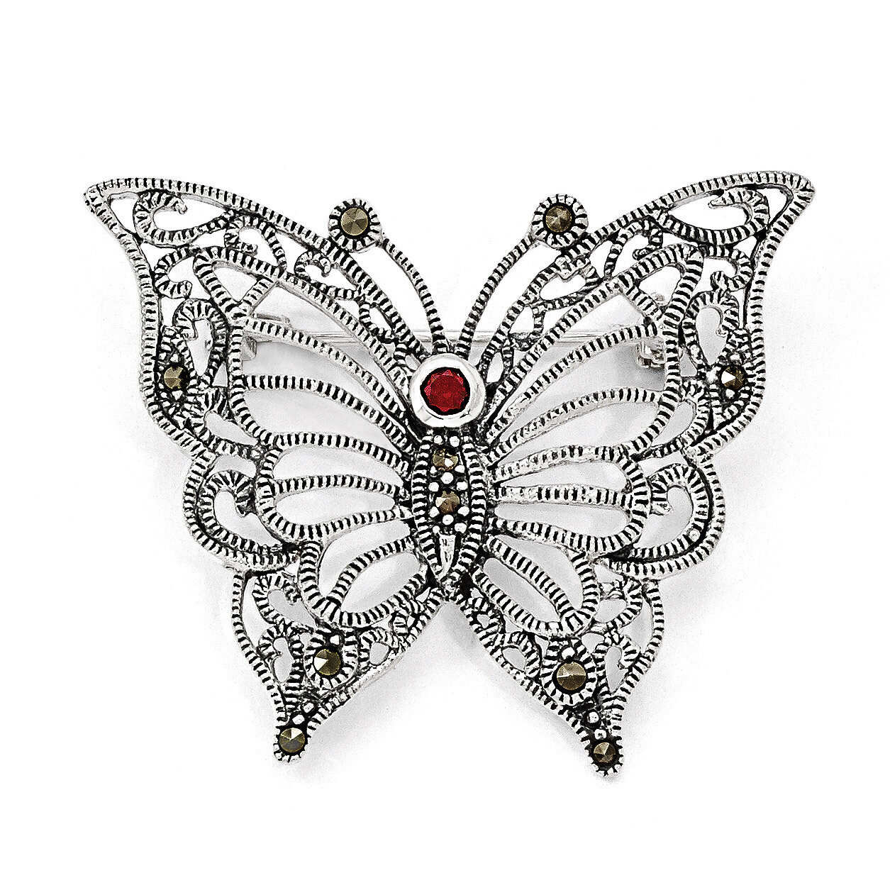 Marcasite Red Cubic Zirconia Butterfly Pin Sterling Silver QP348
