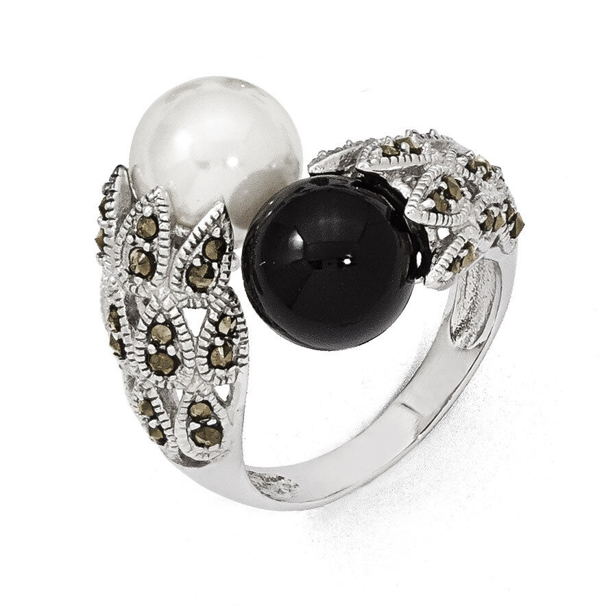 Marcasite Black and White Cultured Pearl Ring Sterling Silver QR2184-6