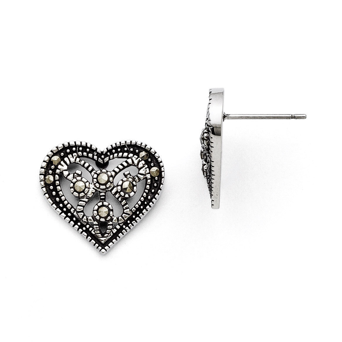 Marcasite Textured Heart Post Earrings Stainless Steel SRE737