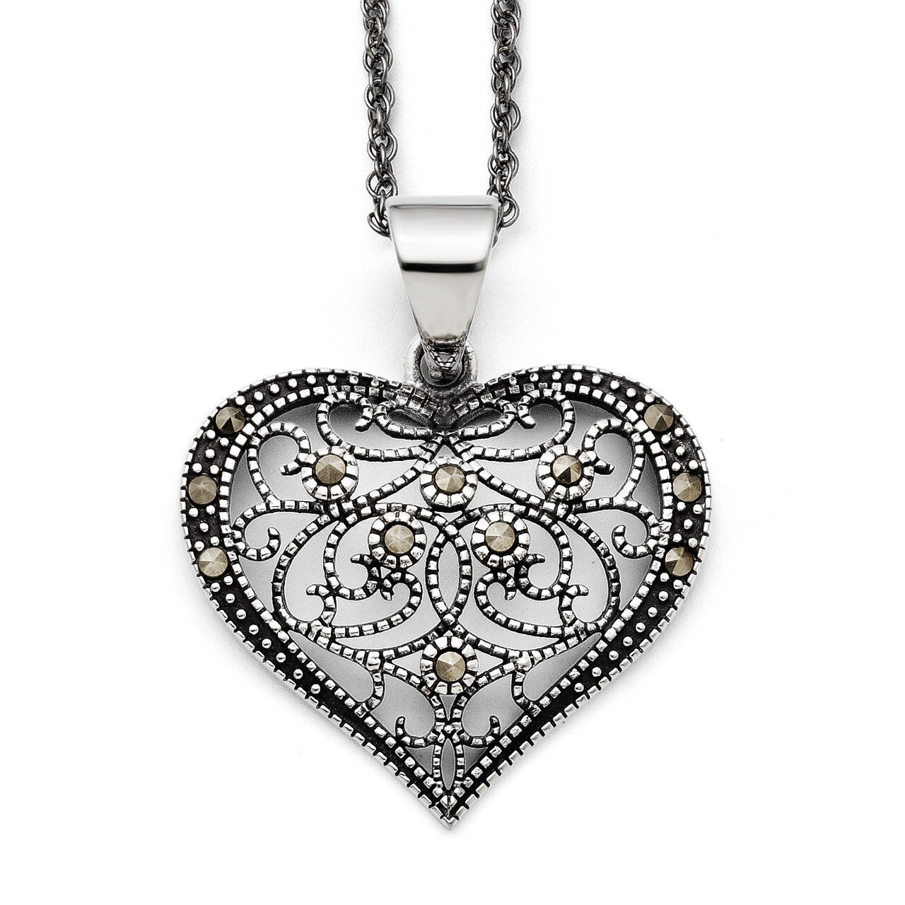 Marcasite Textured Heart Necklace Stainless Steel SRN1429-20