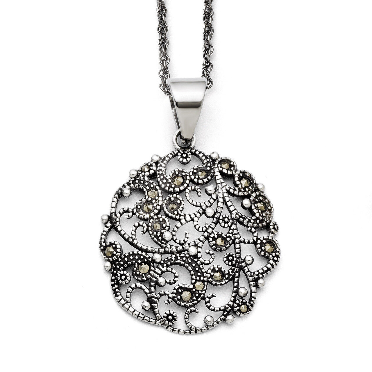 Marcasite Textured Circle Necklace Stainless Steel SRN1432-20